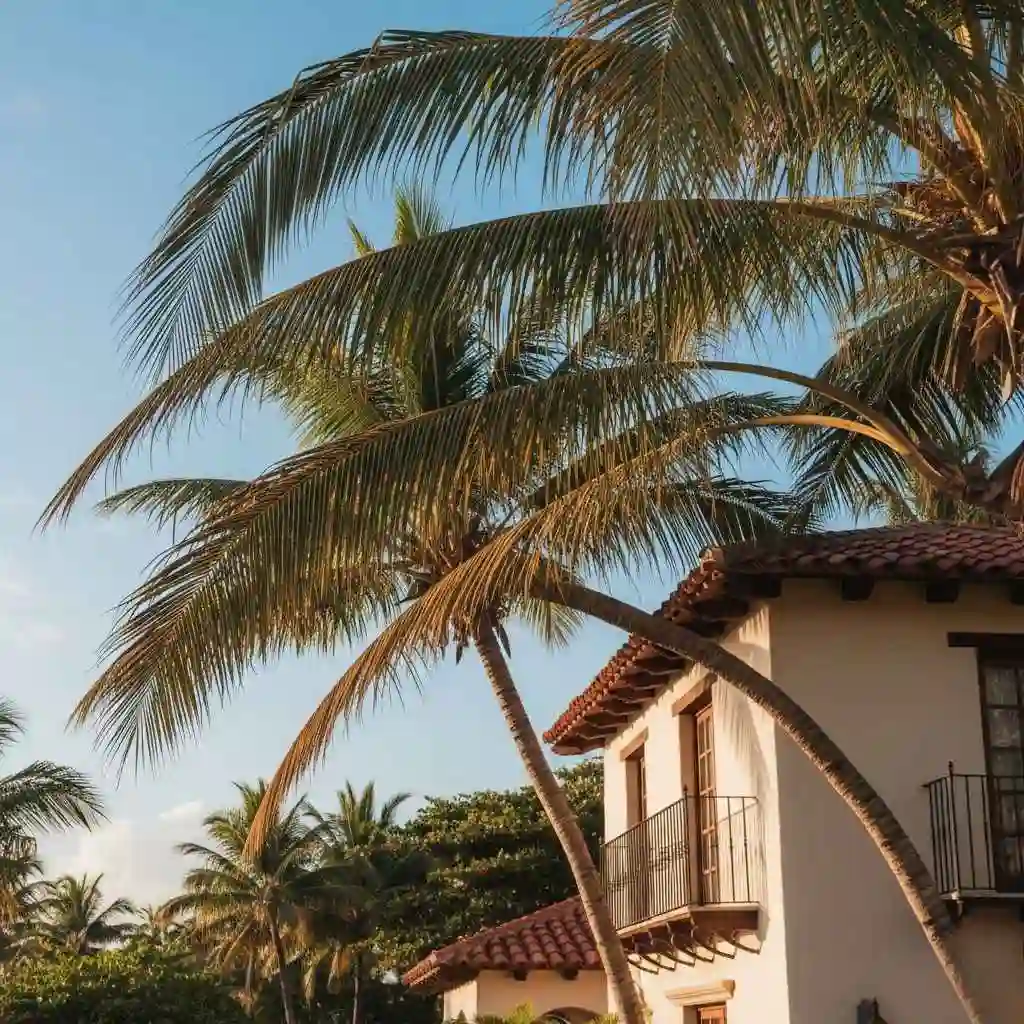 palm tree branches hanging over roofline