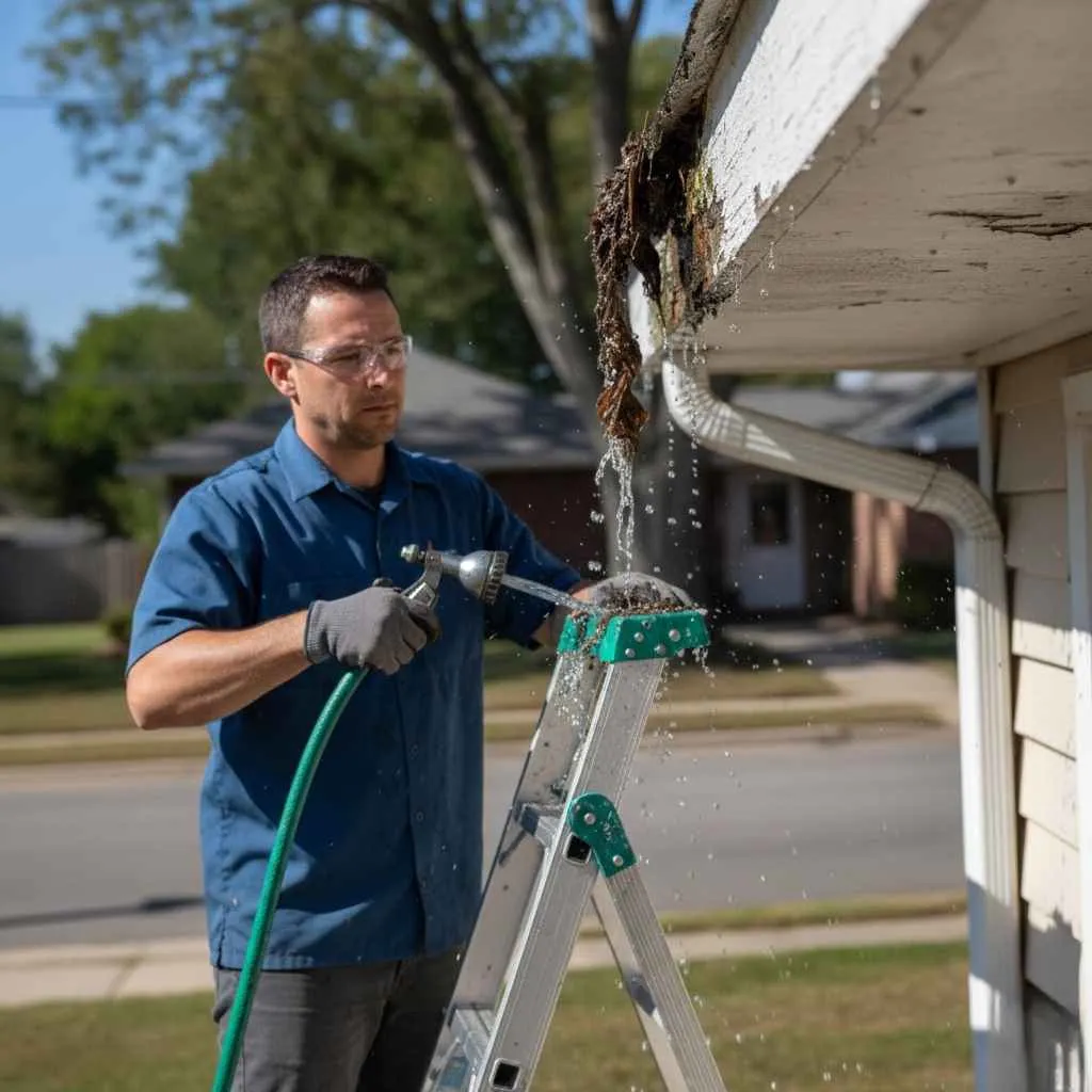 technician flushing gutter downspout with water hose