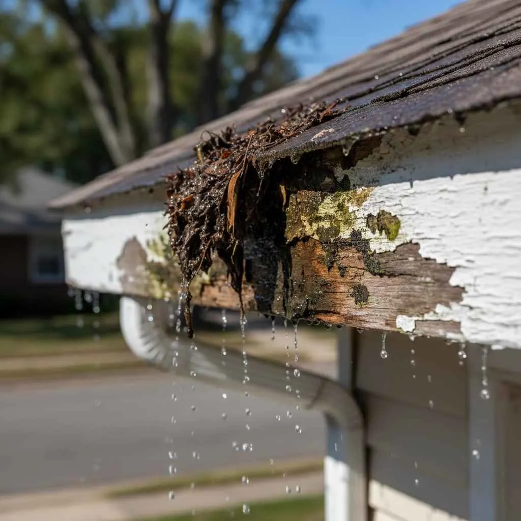 water-damaged fascia board from clogged gutter