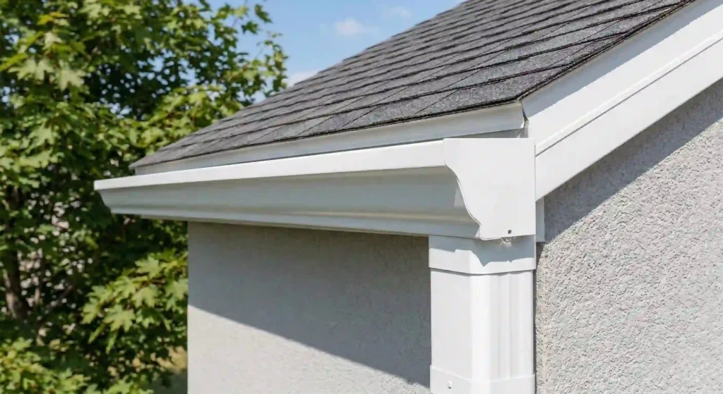 clean gutters with water flowing freely into a downspout.