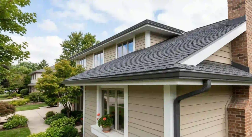 clean roofline with seamless gutters installed along the edge