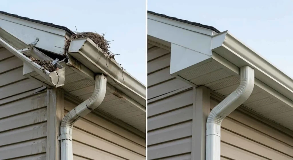 damaged vs repaired gutter system