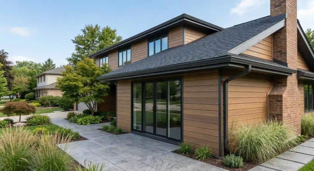 modern home exterior with newly installed gutters