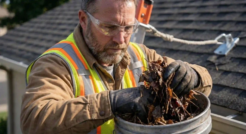 technician removing debris from a gutter with safety equipment.
