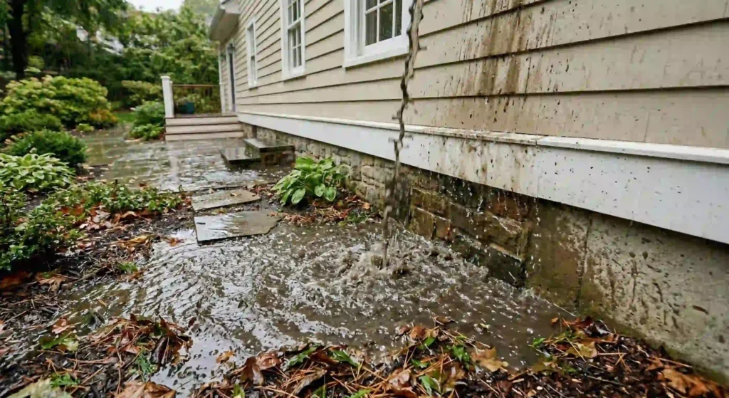 water pooling near a home foundation.