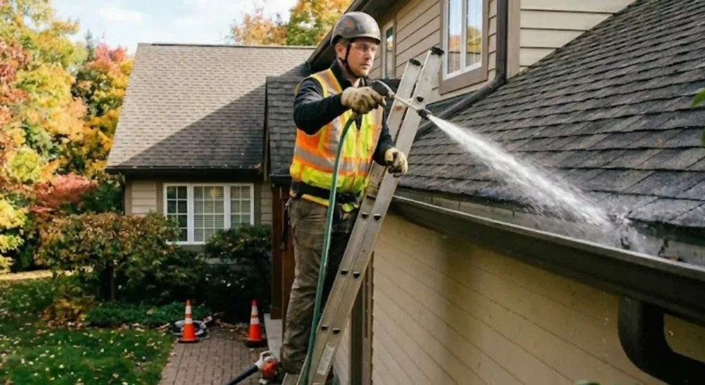 downspout being cleaned and flushed