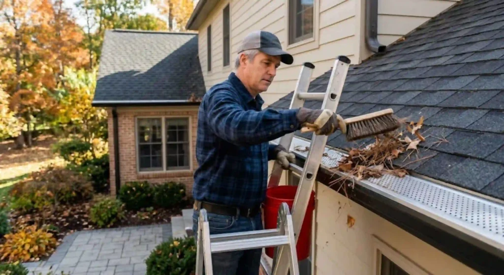 homeowner brushing debris off gutter guards
