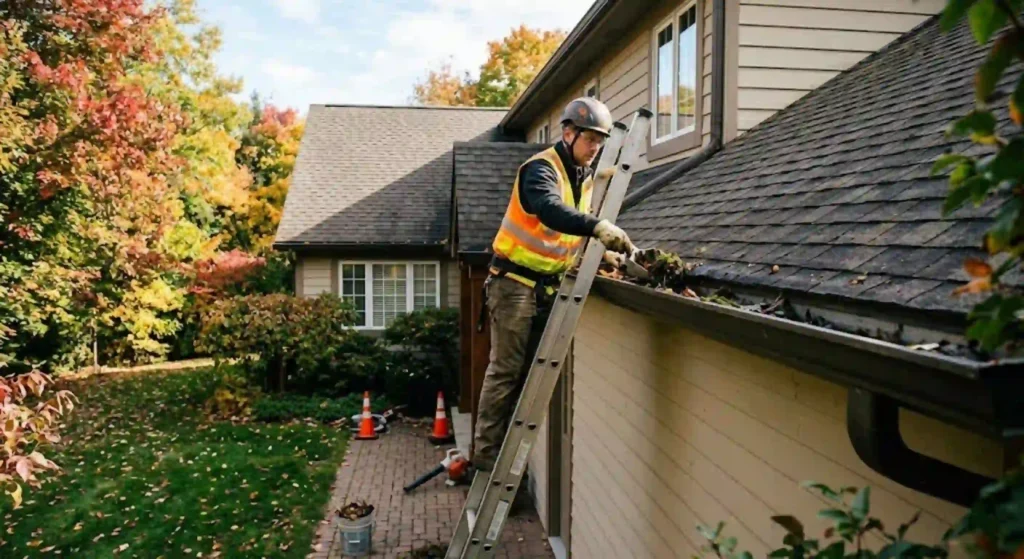 technician removing debris from gutters