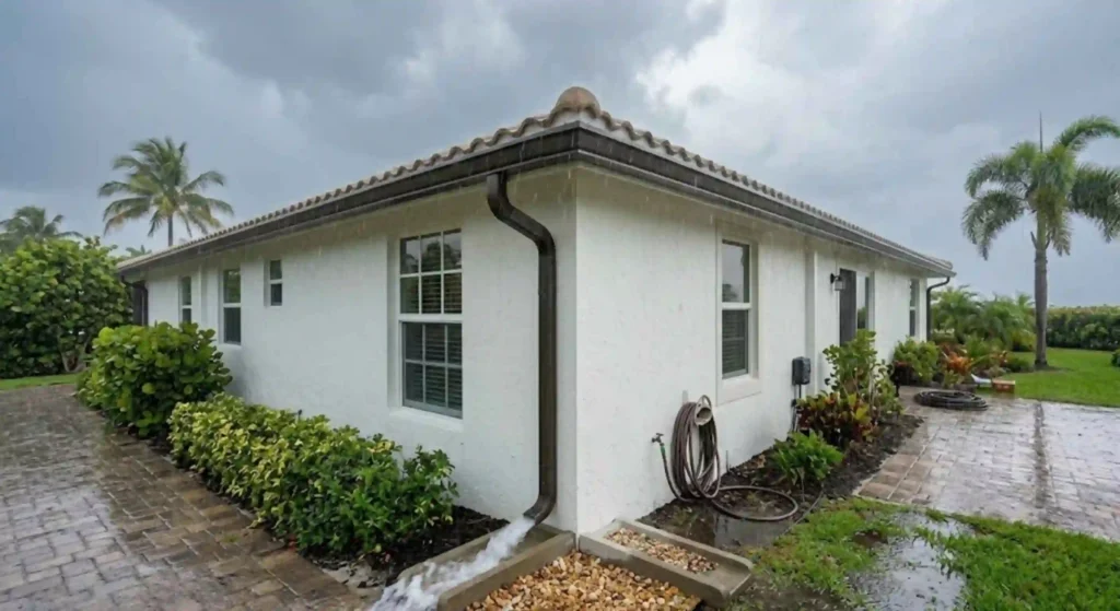 Completed gutter system protecting a Florida home during rainfall