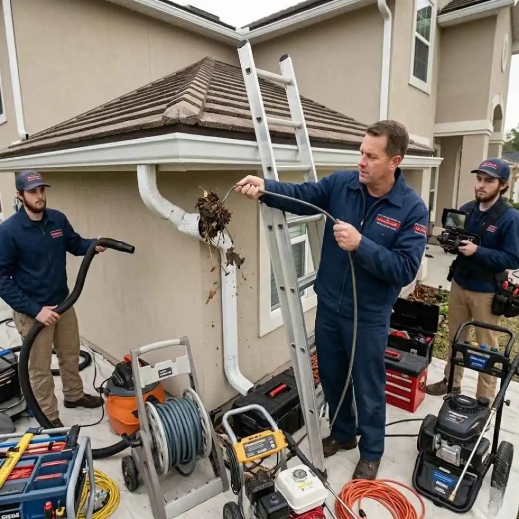 Gutter repair team fixing clogged downspouts in Pompano Beach