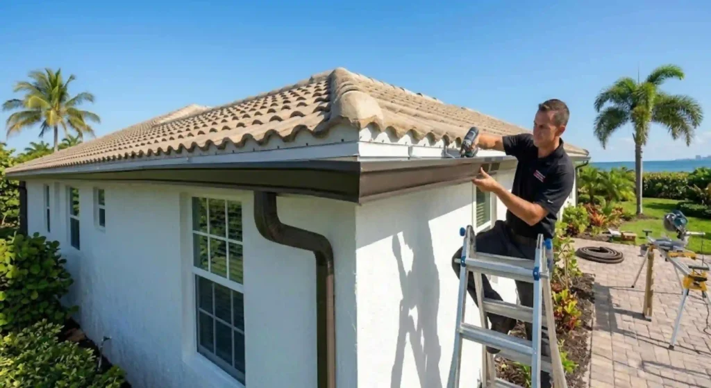 New seamless gutter installation on a Pompano Beach home