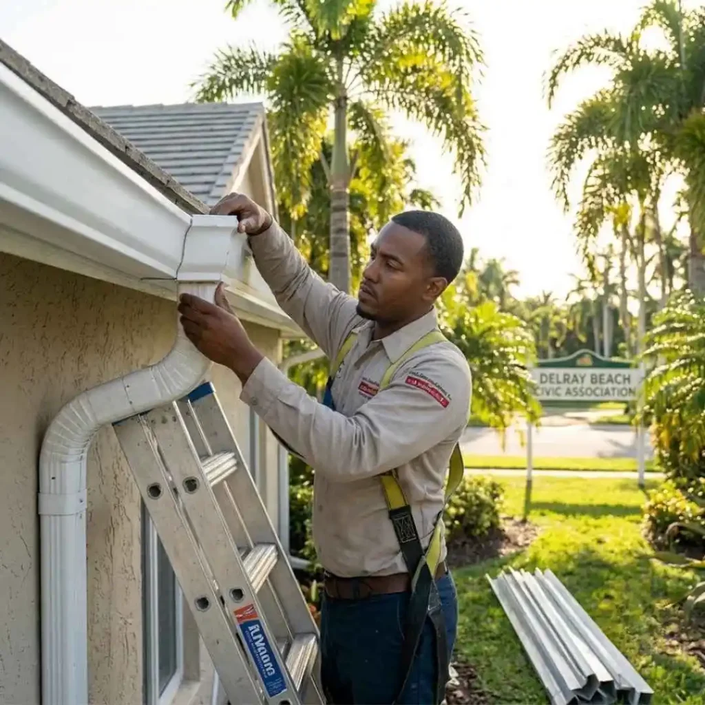 Gutter installation team completing drainage upgrades in Delray Beach