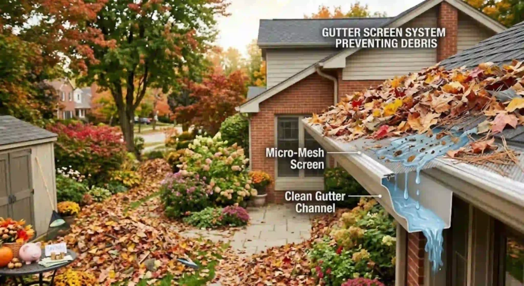 Gutter screen system preventing leaves and debris buildup