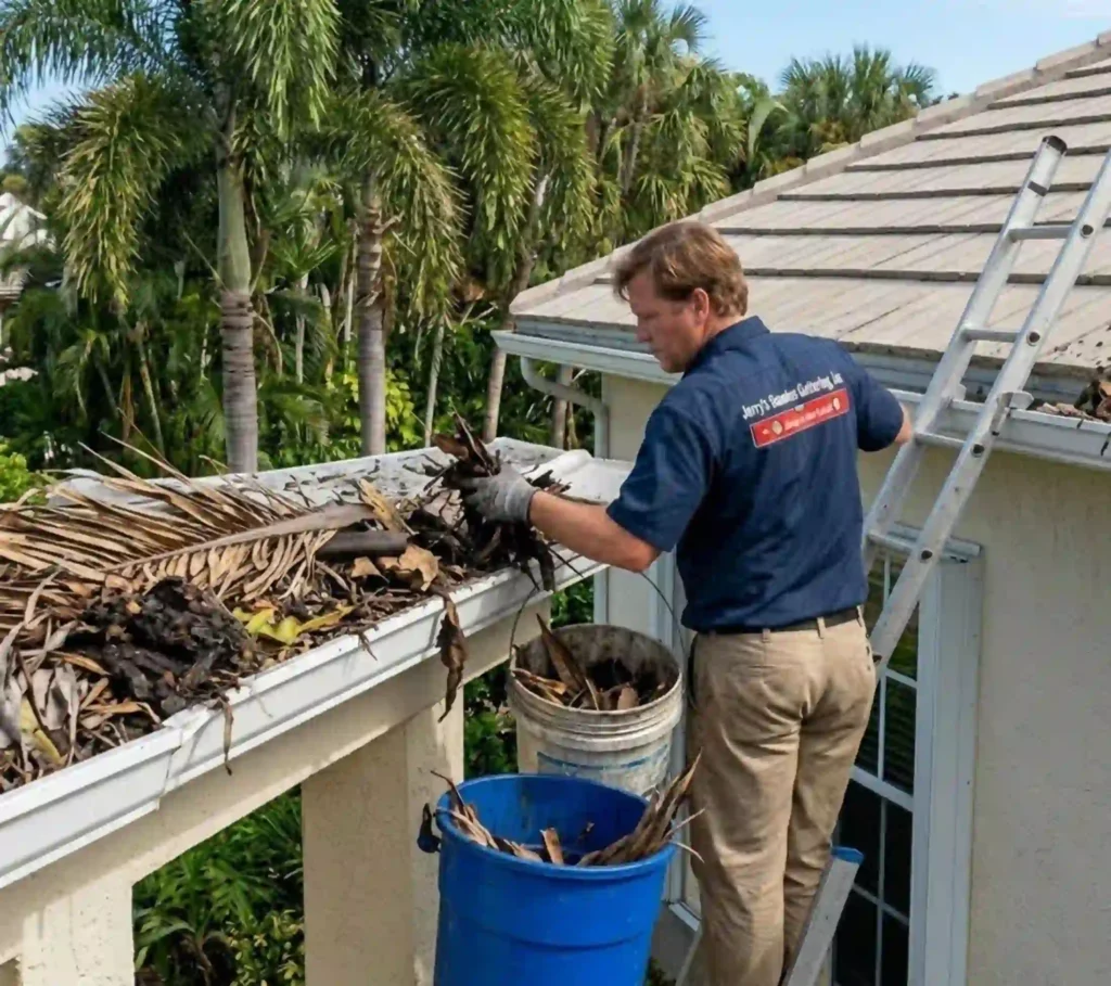 Technician removing palm debris from clogged gutters in Delray Beach