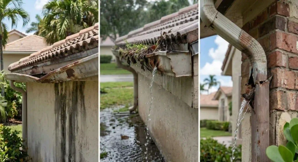 Visible sagging and damaged gutters requiring replacement in Delray Beach