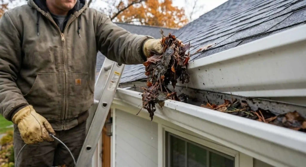 Removing clogged debris from seamless gutters in Boca Raton.