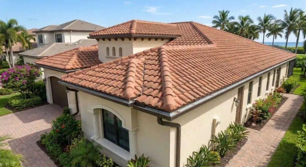 Restored seamless gutter system protecting a Boca Raton home
