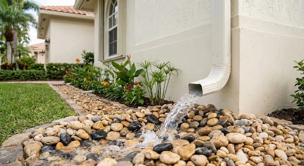 Downspout directing rainwater away from a Boca Raton home foundation