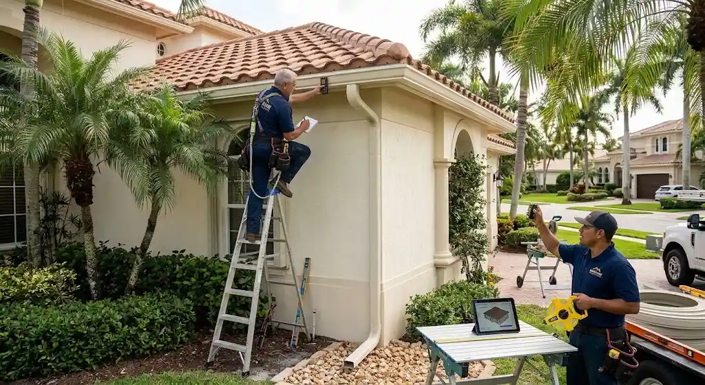 Professional gutter installation team measuring a Boca Raton residential roofline