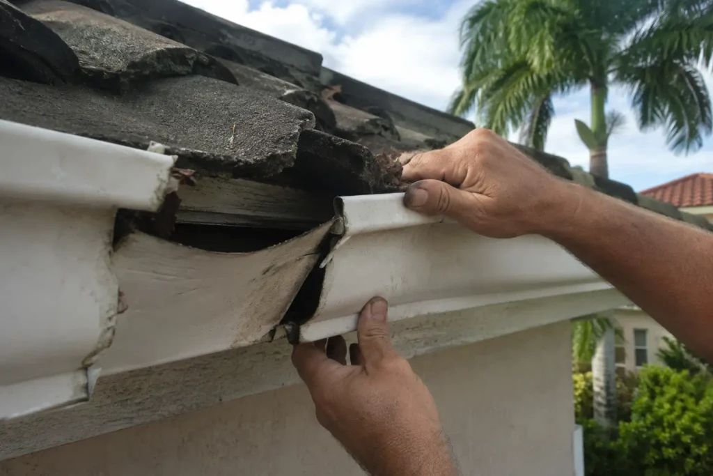 Professional rain gutter repair technician inspecting a Boynton Beach home after storm damage