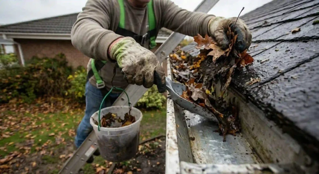 Professional technician removing debris during gutter cleaning in Boca Raton