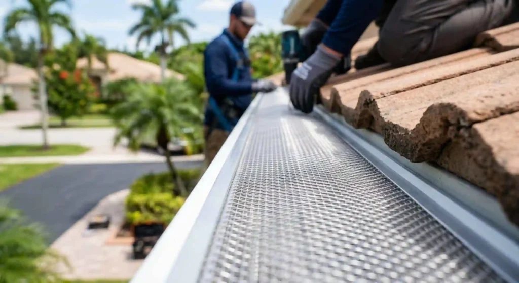 Securely fitted gutter screen protecting a Boca Raton residential gutter by professional Gutter Guard Installers